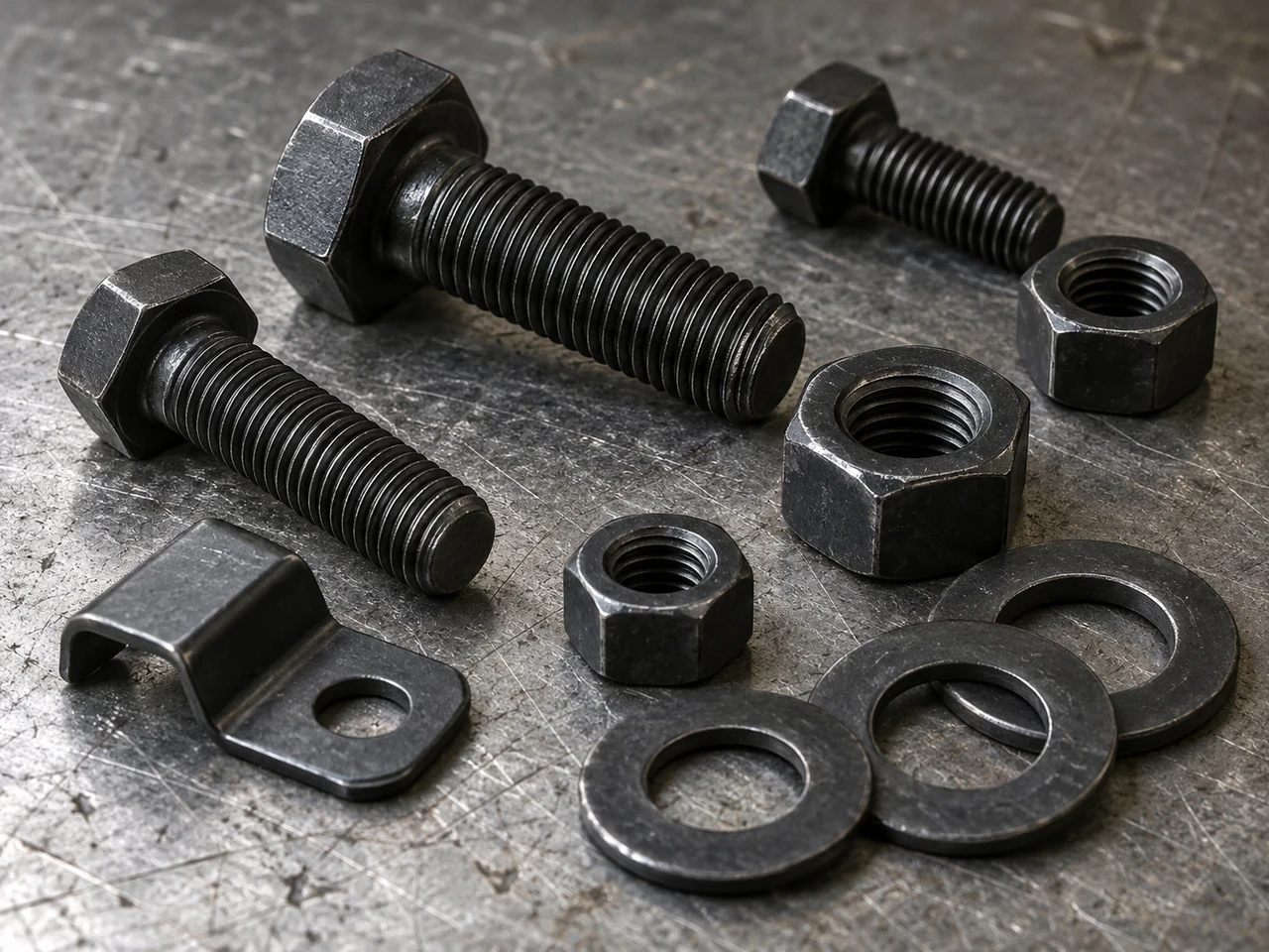 Illustrative photograph of dark black zinc plated steel nuts, bolts, washers and fittings
