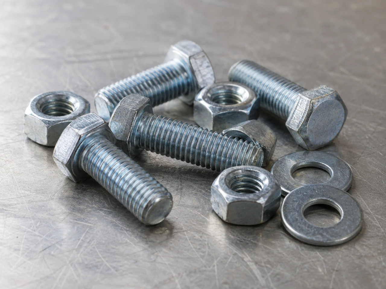 Illustrative photograph of bright silver-blue zinc plated bolts, nuts and washers
