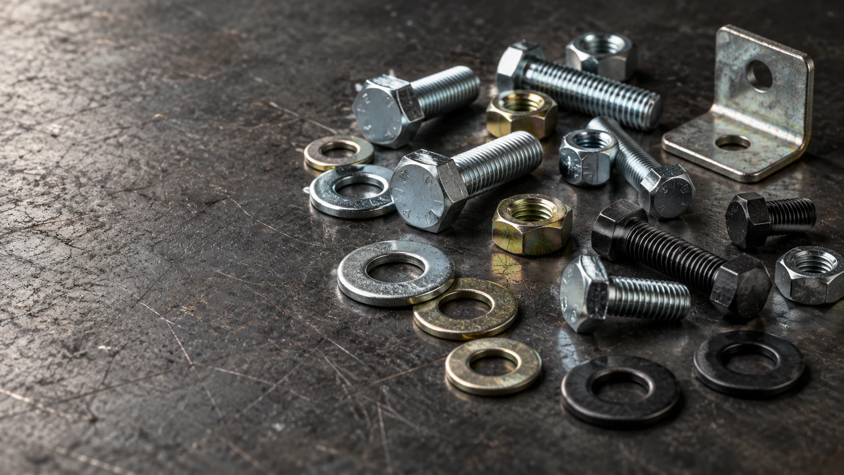 Illustrative photograph of silver, yellow and black zinc plated metal fasteners on a steel workbench