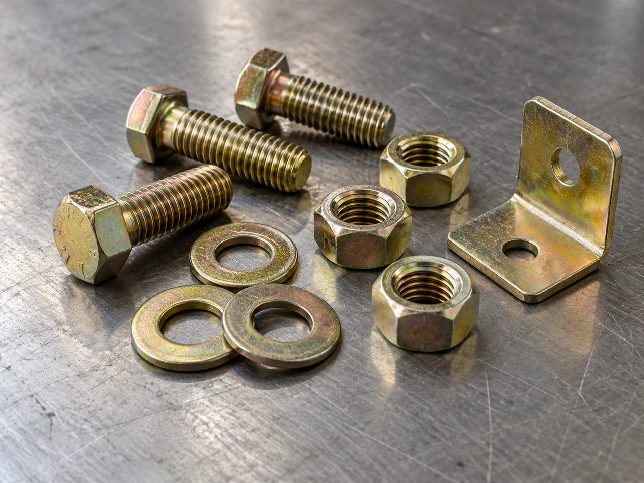 Illustrative photograph of yellow zinc plated bolts, washers and small brackets with an iridescent gold appearance