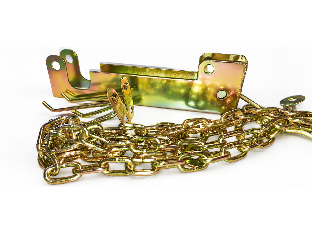 Metal chain and bracket set with a yellow zinc finish